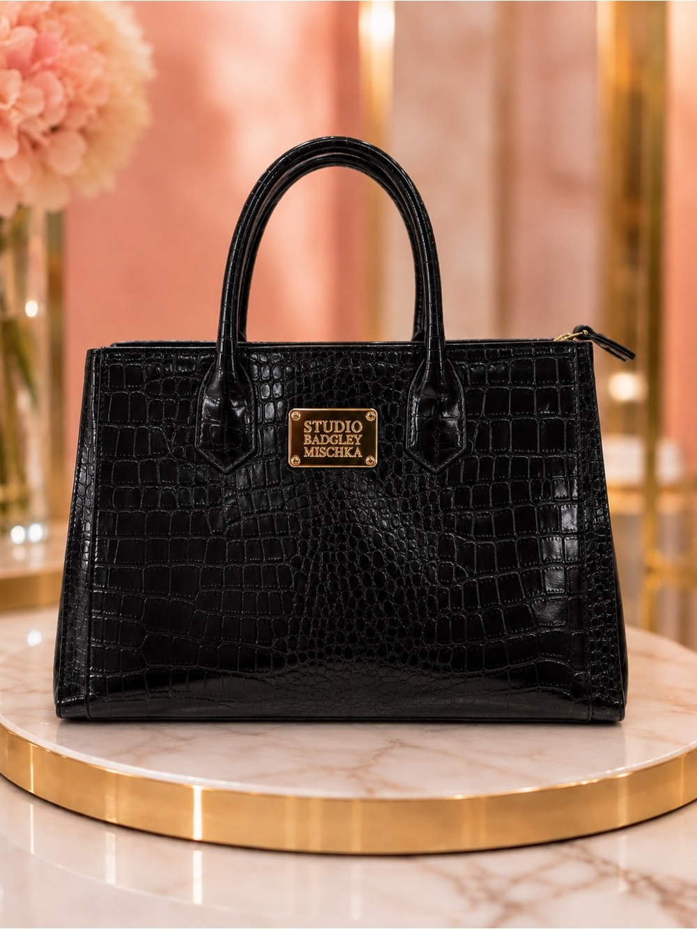 Studio Badgley Mischka Black Croc-Embossed Satchel with Gold Plaque